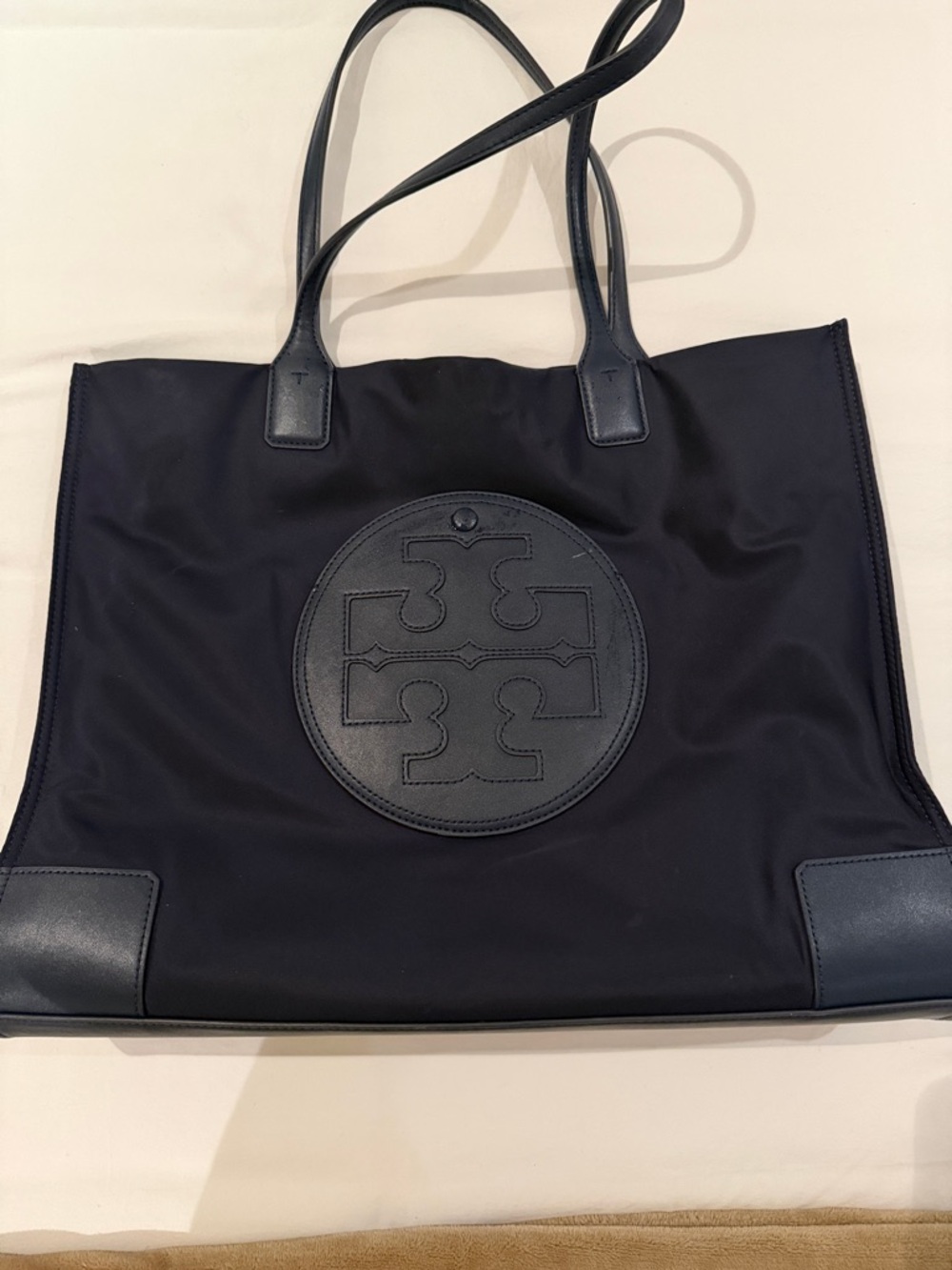 Tory Burch Black Nylon Logo Tote with Leather Trim